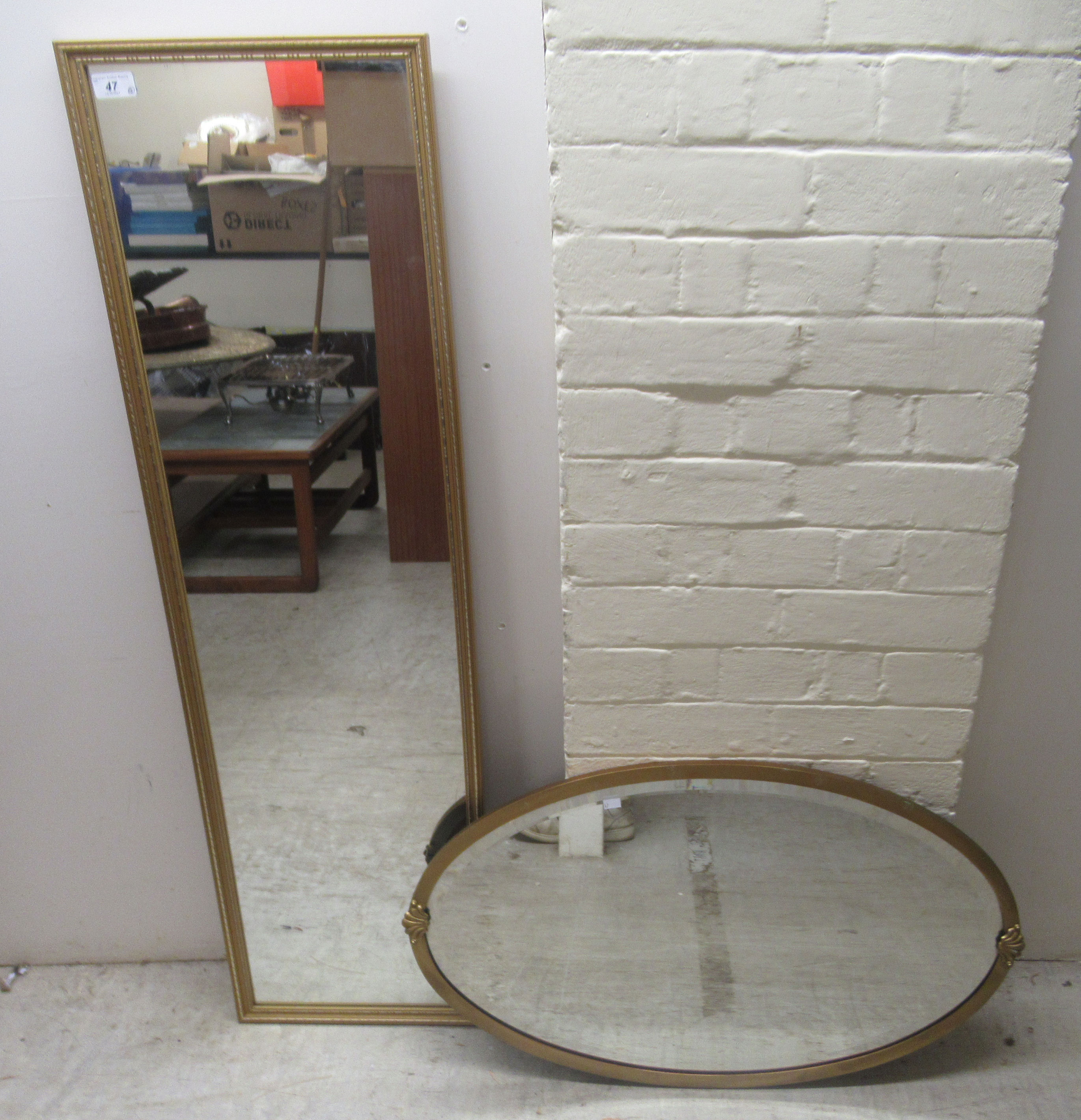 Four dissimilar modern framed mirrors  various forms  largest 47" x 13" - Image 2 of 3