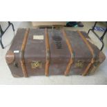 An early 20thC beech bound canvas cabin trunk with a tray fitted interior  14"h  36"w