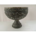 An Asian white metal pedestal bowl with cast and chased ornament  6"h  6.75"dia
