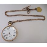 A 14ct gold cased pocket watch, faced by a Roman dial with subsidiary seconds; a 9ct gold curb