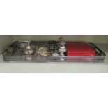 A mixed lot: to include a silver plated galleried, twin handled tray  24" x 9"; a pair of