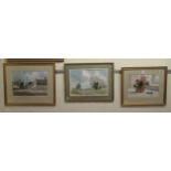 Three framed watercolours: to include J Fletcher-Watson - a Dinton street scene  18" x 12"