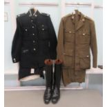 Two British military uniforms; and a pair of size 10 black riding boots