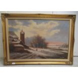 Modern European School - a Dutch winter scape  oil on board  23" x 36"  framed