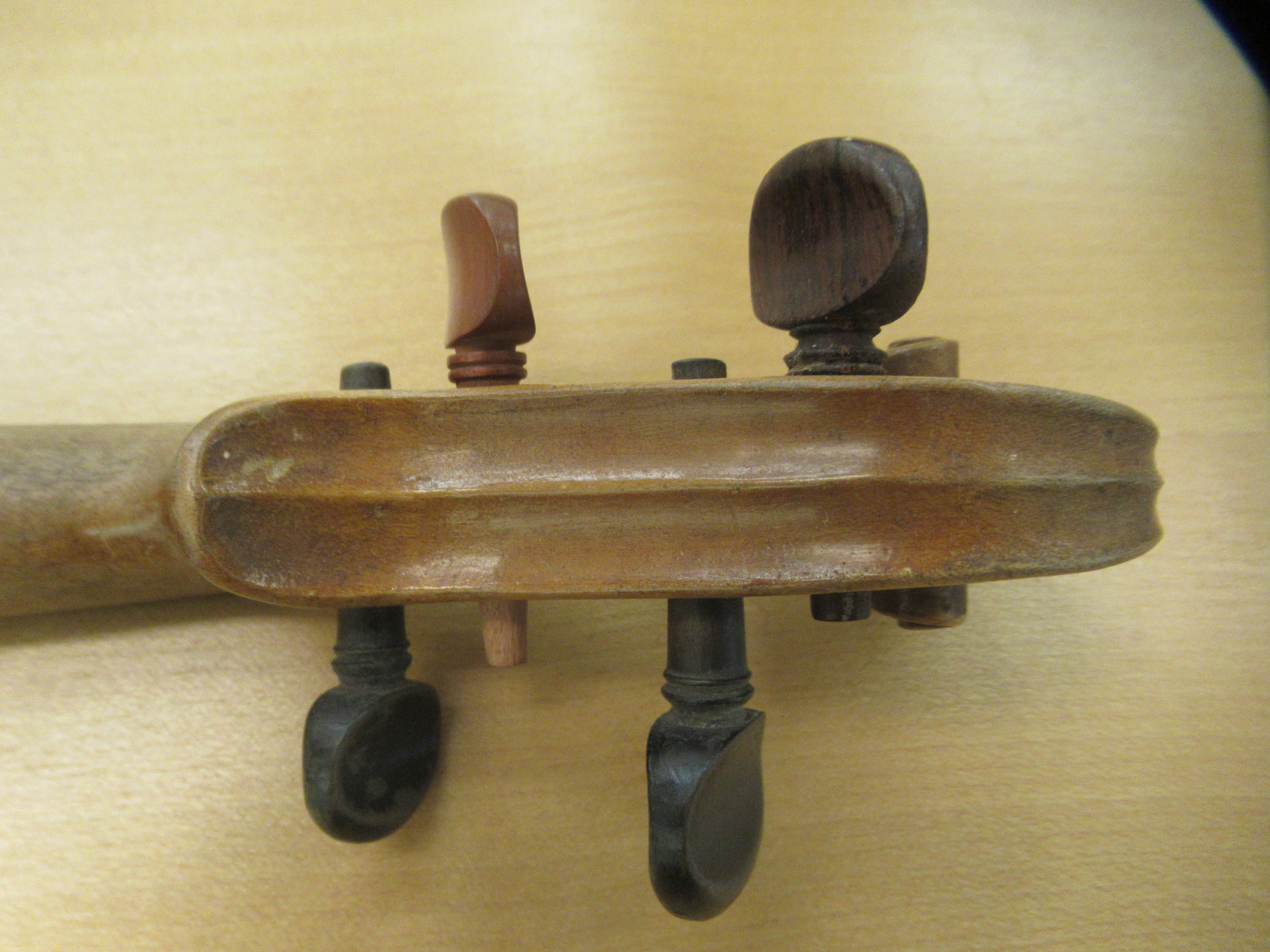 Three 19th/20thC violins, one with a one piece back  14"L; the others with two piece backs  13" - Image 15 of 16