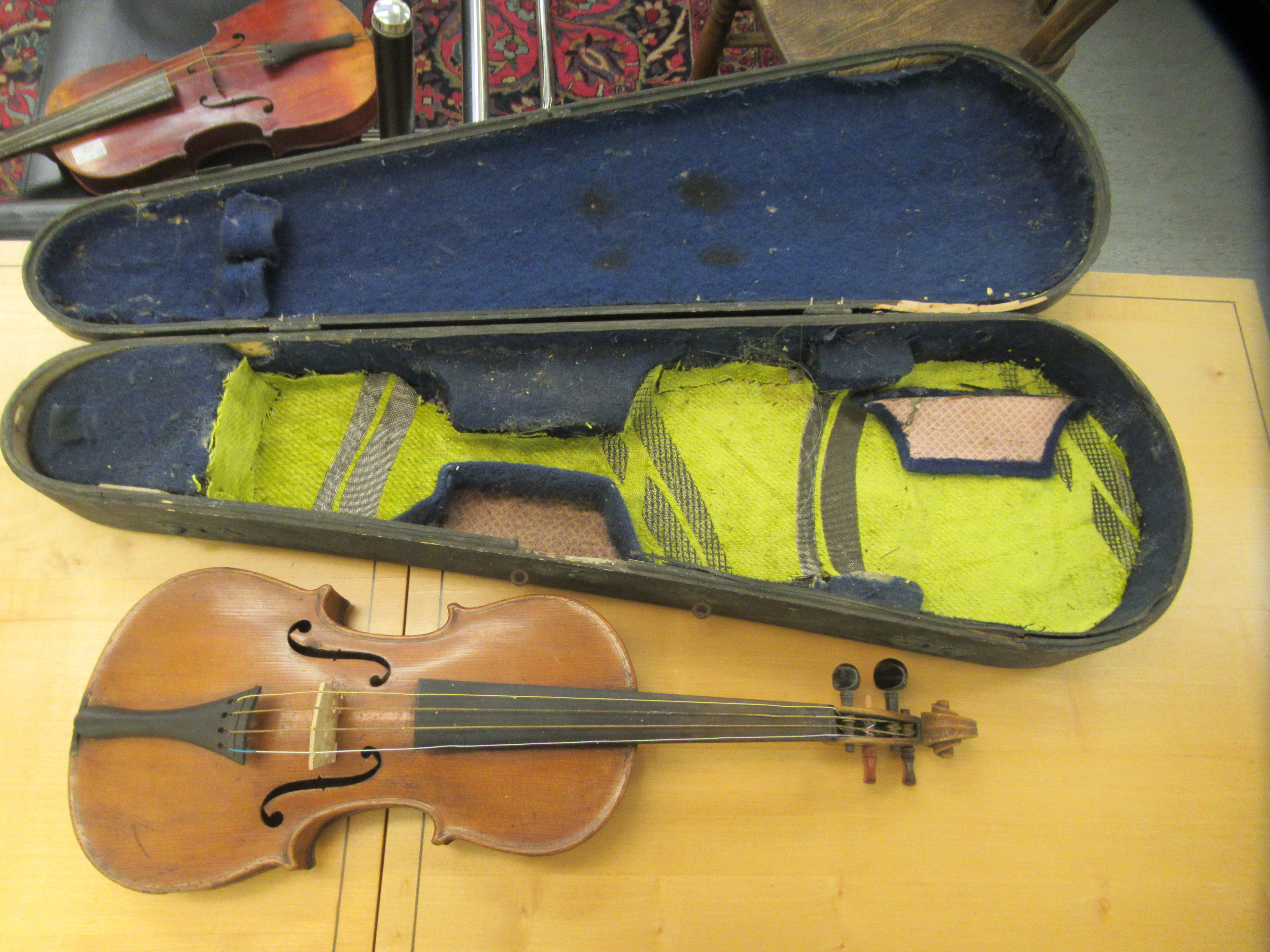 Three 19th/20thC violins, one with a one piece back  14"L; the others with two piece backs  13" - Image 12 of 16