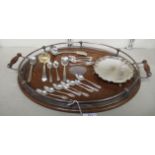 An early 20thC oak and silver plated, oval twin handled galleried serving tray  15" x 21";