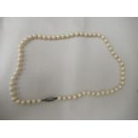 A single row cultured pearl necklace, on a white metal clasp