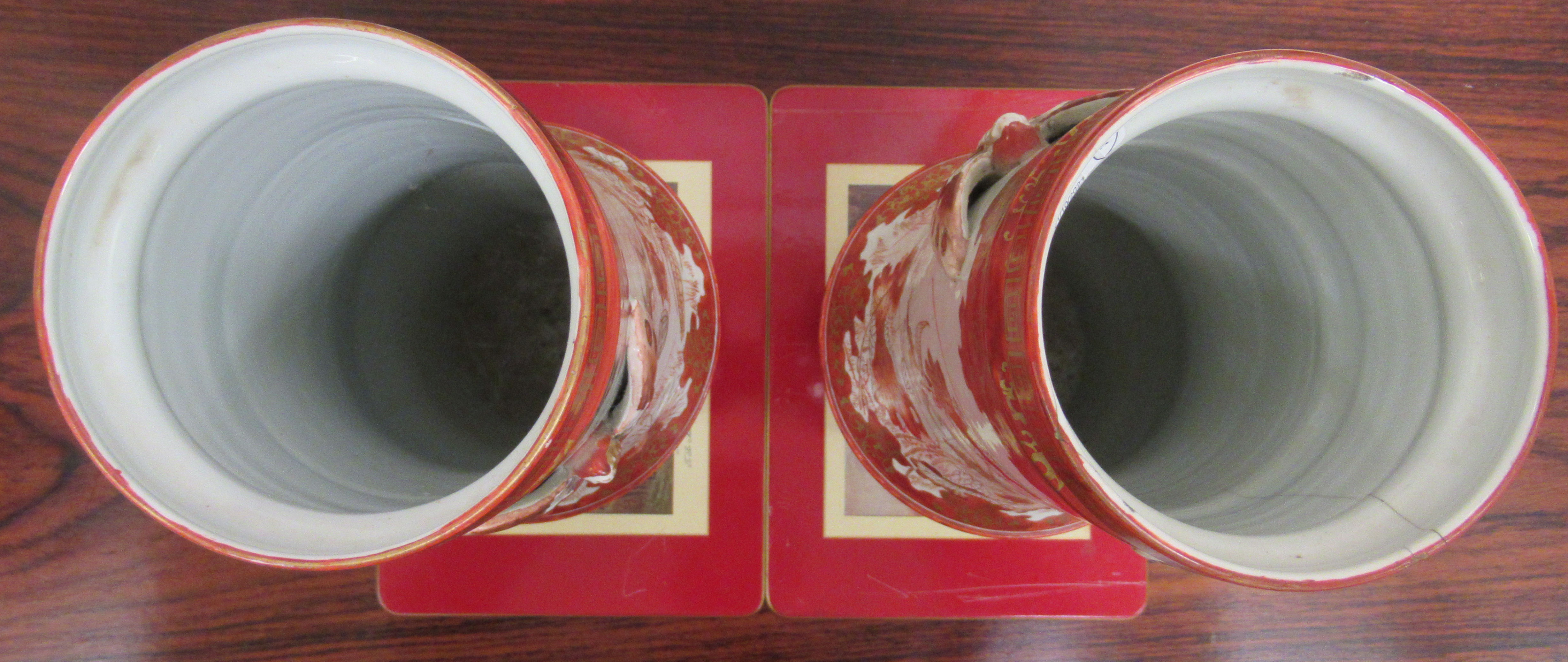 A pair of early 20thC Japanese porcelain vases, decorated in iron red and gilding with - Image 3 of 5