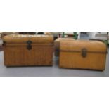 Two similar, early 20thC painted tin, twin handled trunks with hinged lids  20"h  30"w & 17"h  27"w