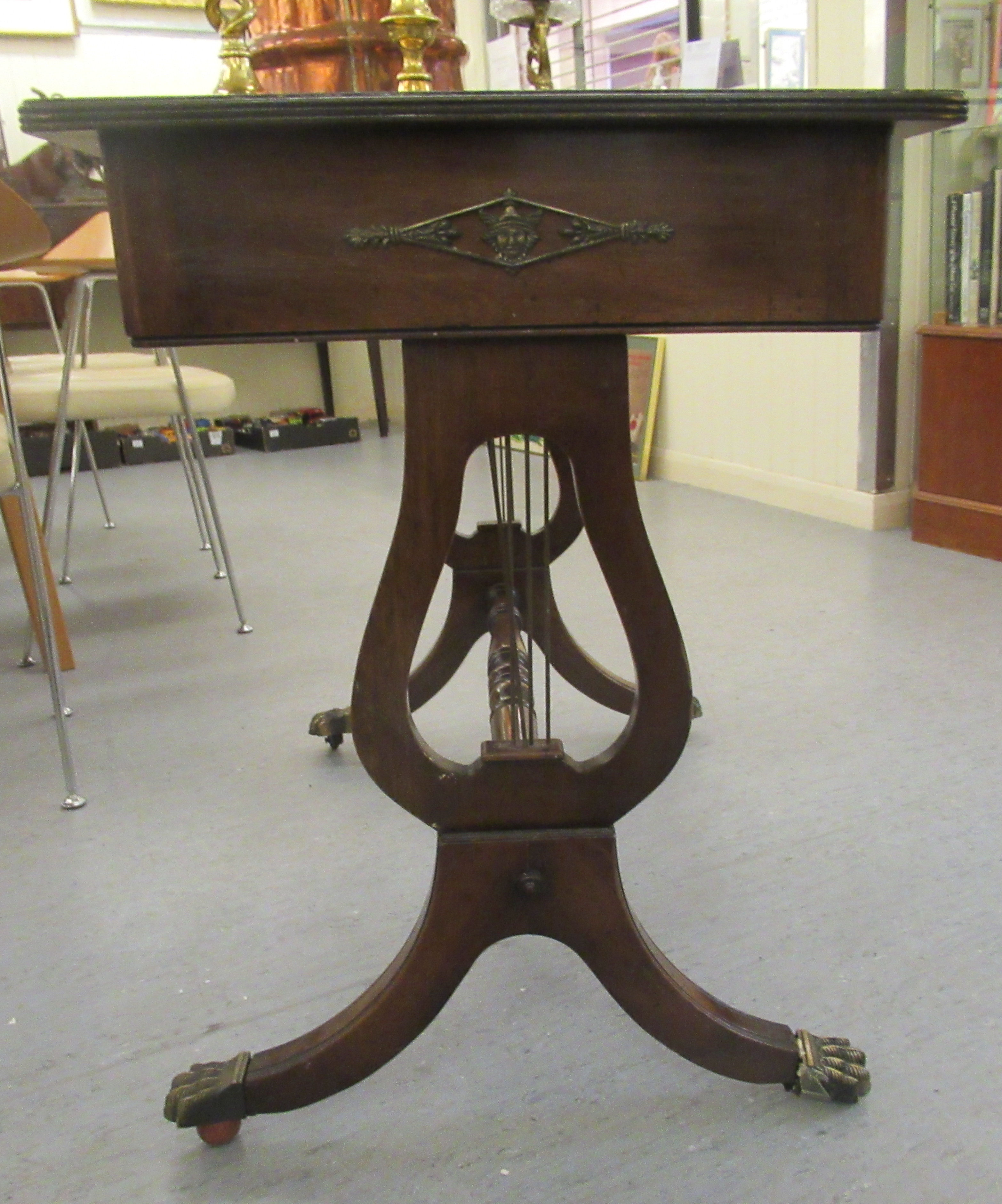 A reproduction of a Georgian writing table, the top set with a tooled green hide scriber, over two - Image 4 of 4