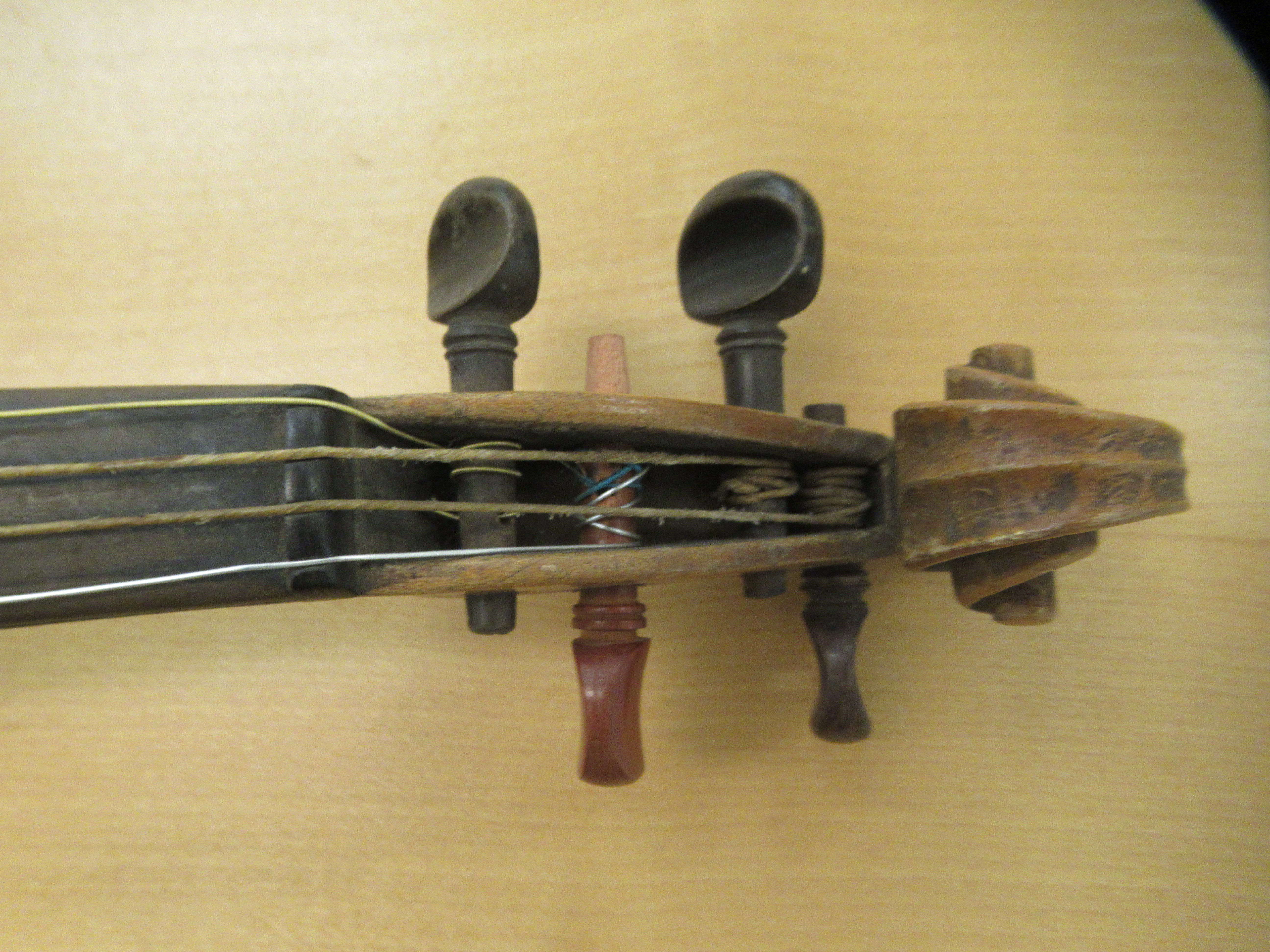 Three 19th/20thC violins, one with a one piece back  14"L; the others with two piece backs  13" - Image 16 of 16