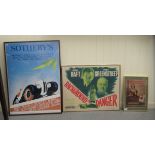 Three framed colour printed posters, viz. 'Lucky Strike Cigarettes'  10" x 13"; 'Sotheby's'  32" x