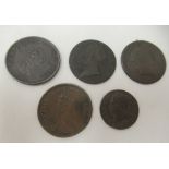 Five Georgian Irish copper coins