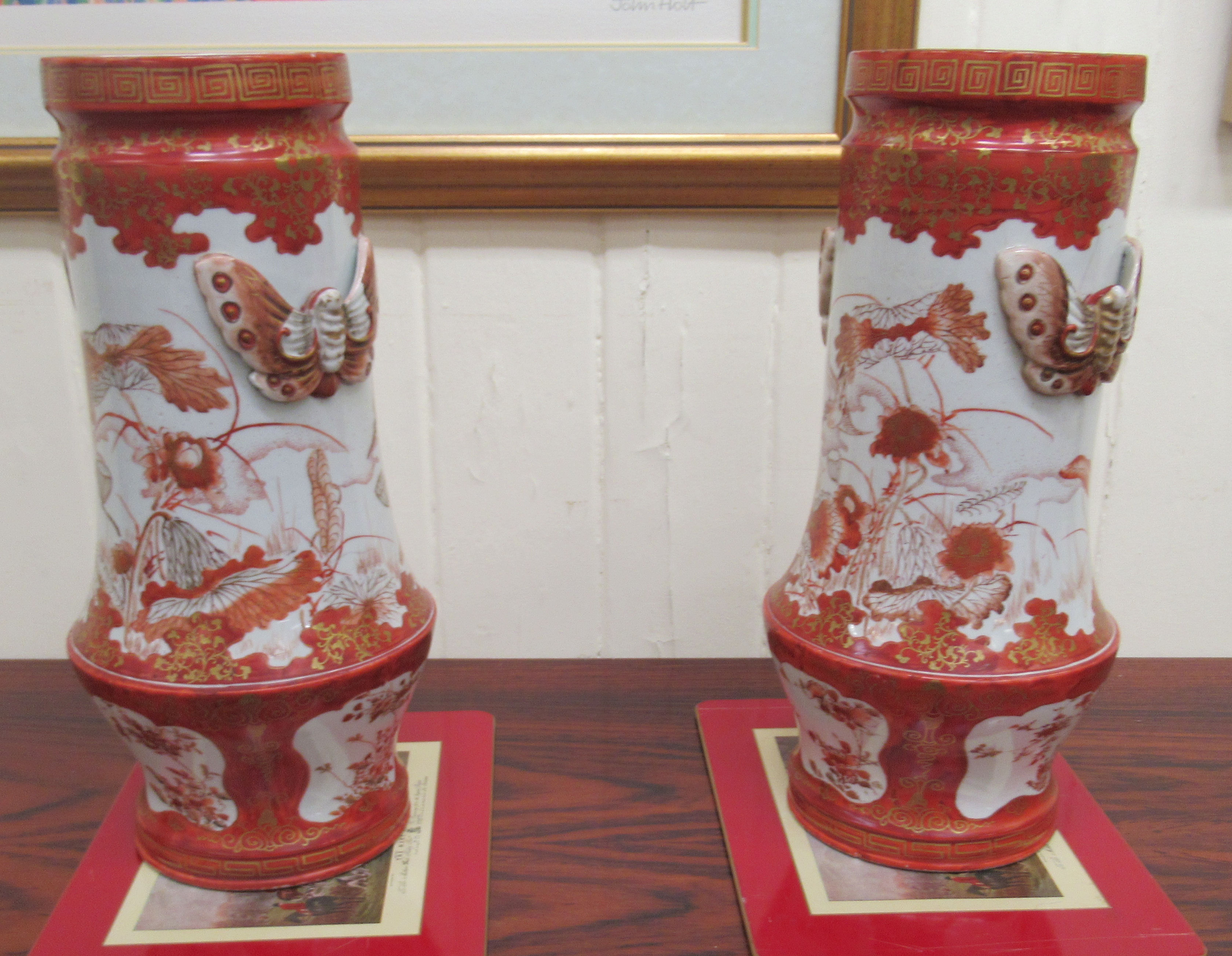 A pair of early 20thC Japanese porcelain vases, decorated in iron red and gilding with - Image 2 of 5