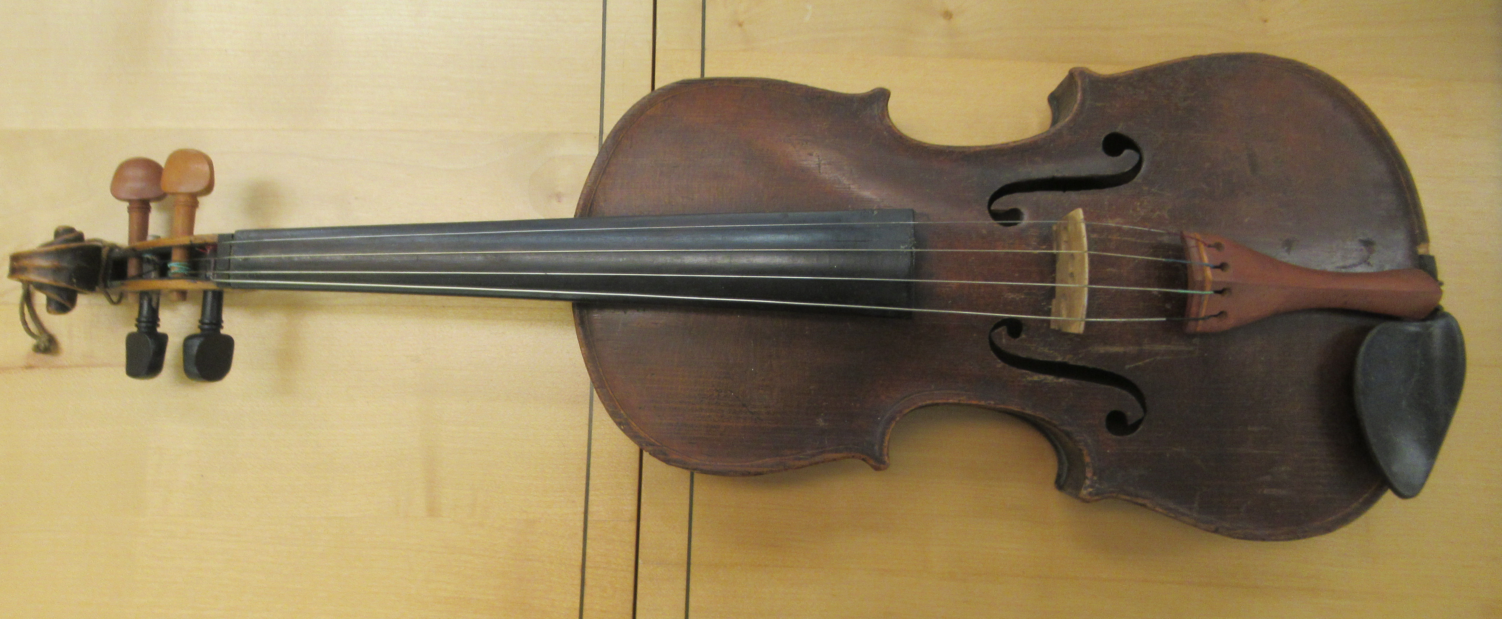 Three 19th/20thC violins, one with a one piece back  14"L; the others with two piece backs  13" - Image 7 of 16