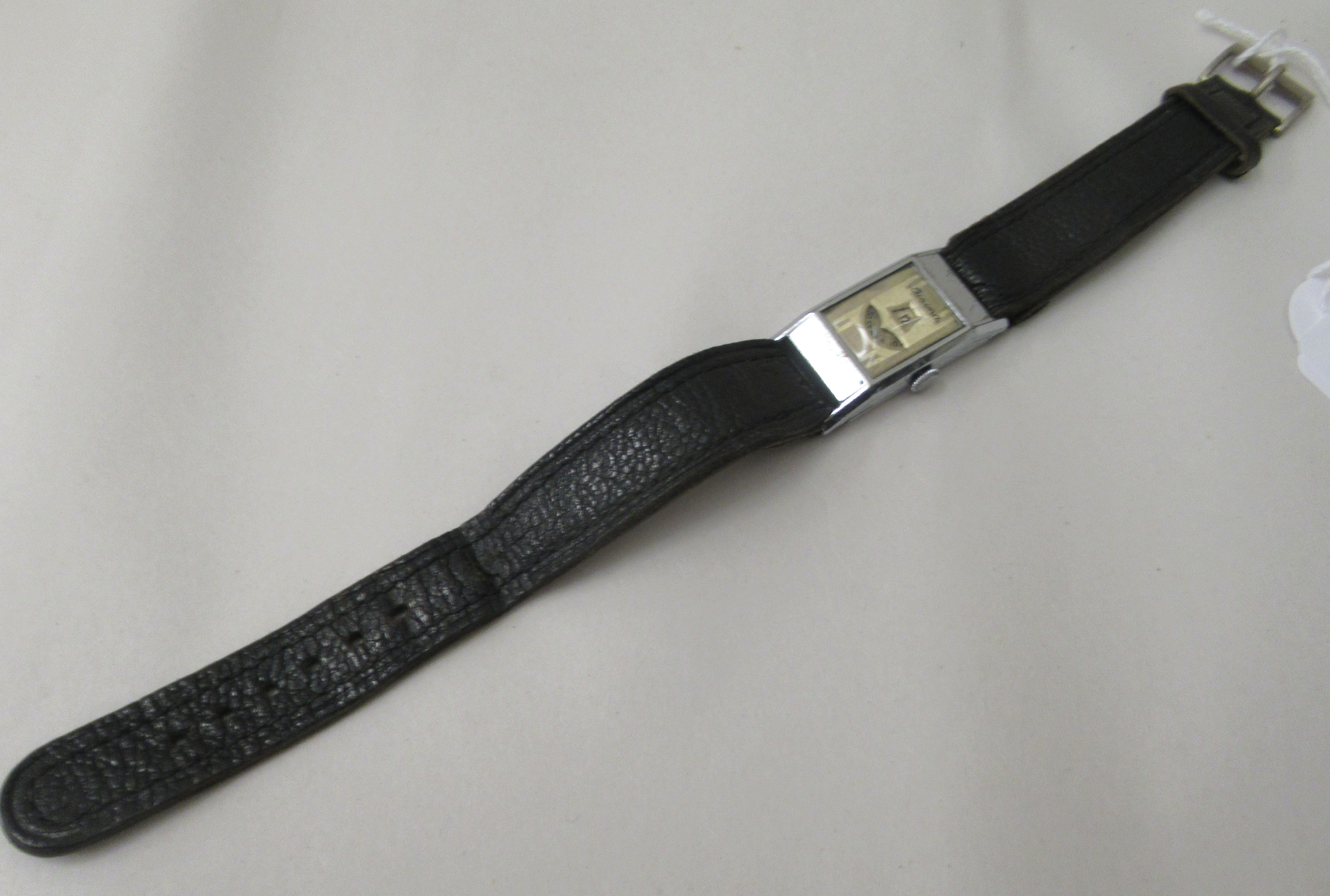 A 1930s Art Deco Lusina stainless steel cased digital watch, on a stitched black hide strap - Image 2 of 4