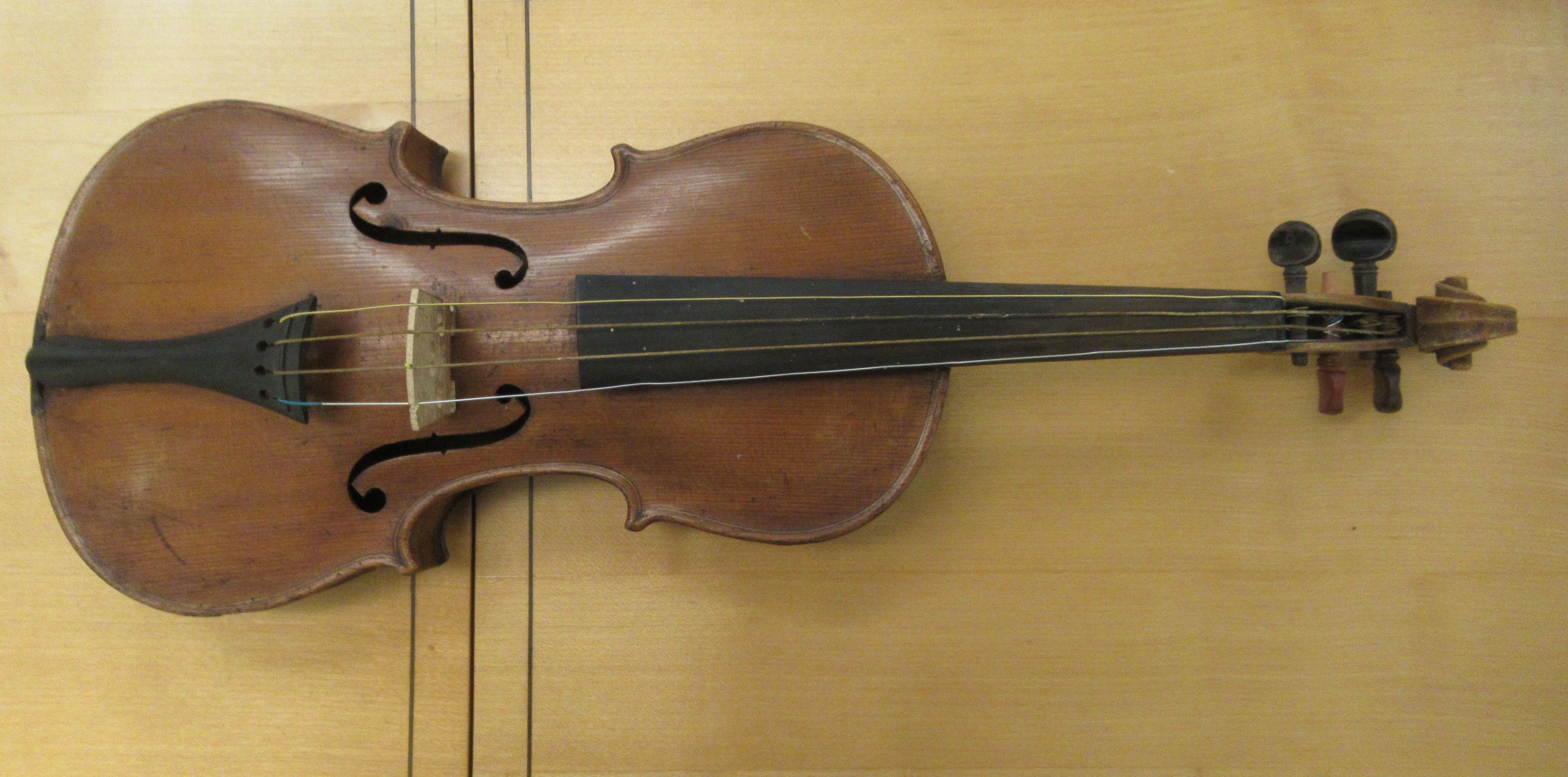 Three 19th/20thC violins, one with a one piece back  14"L; the others with two piece backs  13" - Image 13 of 16