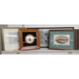 Framed pictures: to include an early 20thC Chinese embroidered sleeve  30" x 6.5"; and a set of four