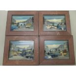 A set of four mid 20thC Japanese landscapes, painted on glass, over a mixed media backdrop  7.5" x