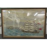 A late Victorian Merchant Navy sailor's woolwork picture, depicting a clipper, bearing three flags