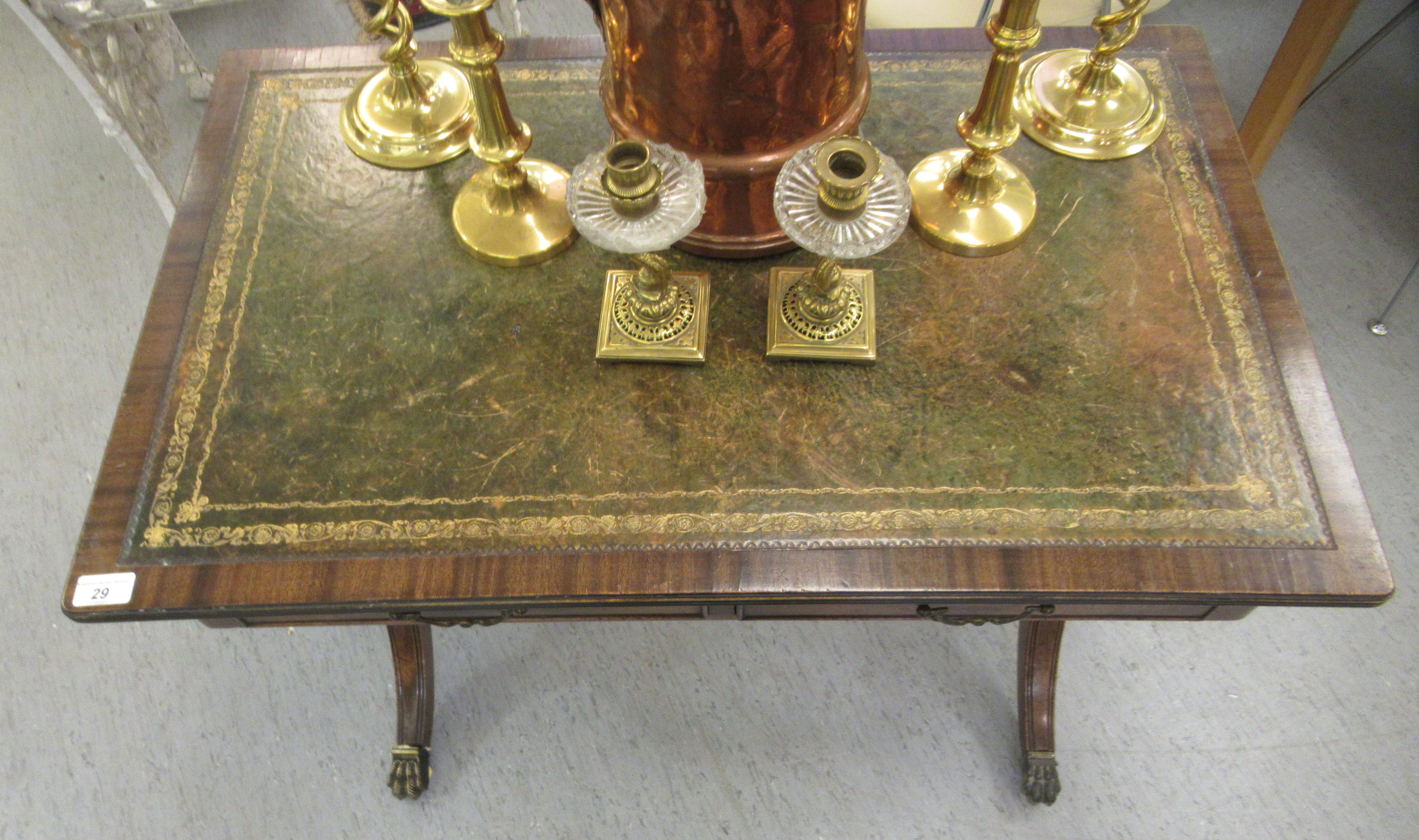 A reproduction of a Georgian writing table, the top set with a tooled green hide scriber, over two - Image 2 of 4