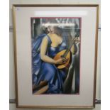 After De Lempicka - a woman playing a lute  coloured print  18" x 28" framed