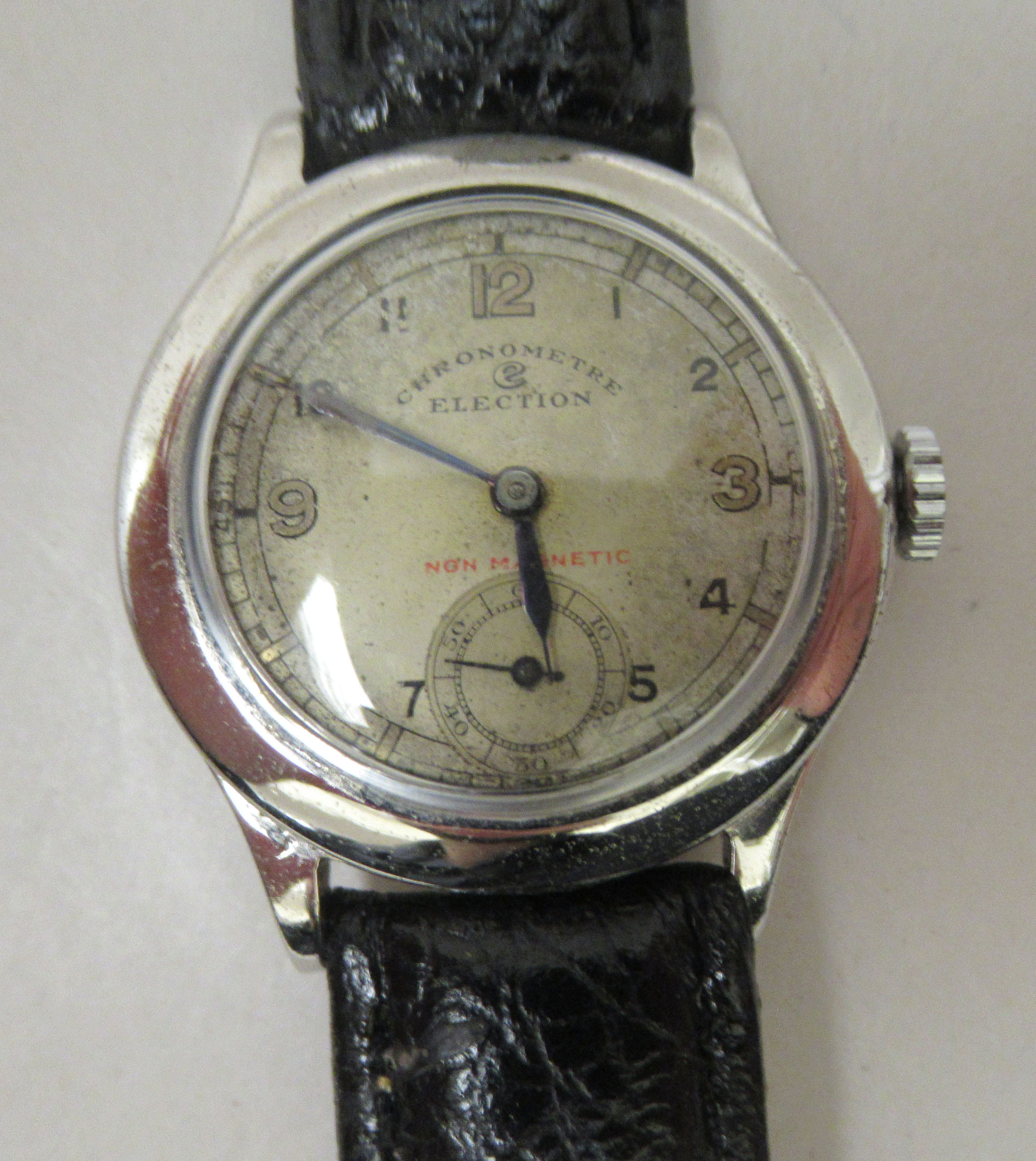 A 1930s/40s mid size Electron Chronometer in a chromium/nickel plated case, faced by an Arabic dial,