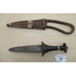 A 20thC Sudanese arm dagger, on a hardwood handle  the blade 5.5"L, in a stitched hide sheath