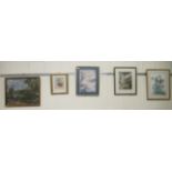 Five framed pictures: to include modern Chinese School - a mountainous landscape  watercolour on