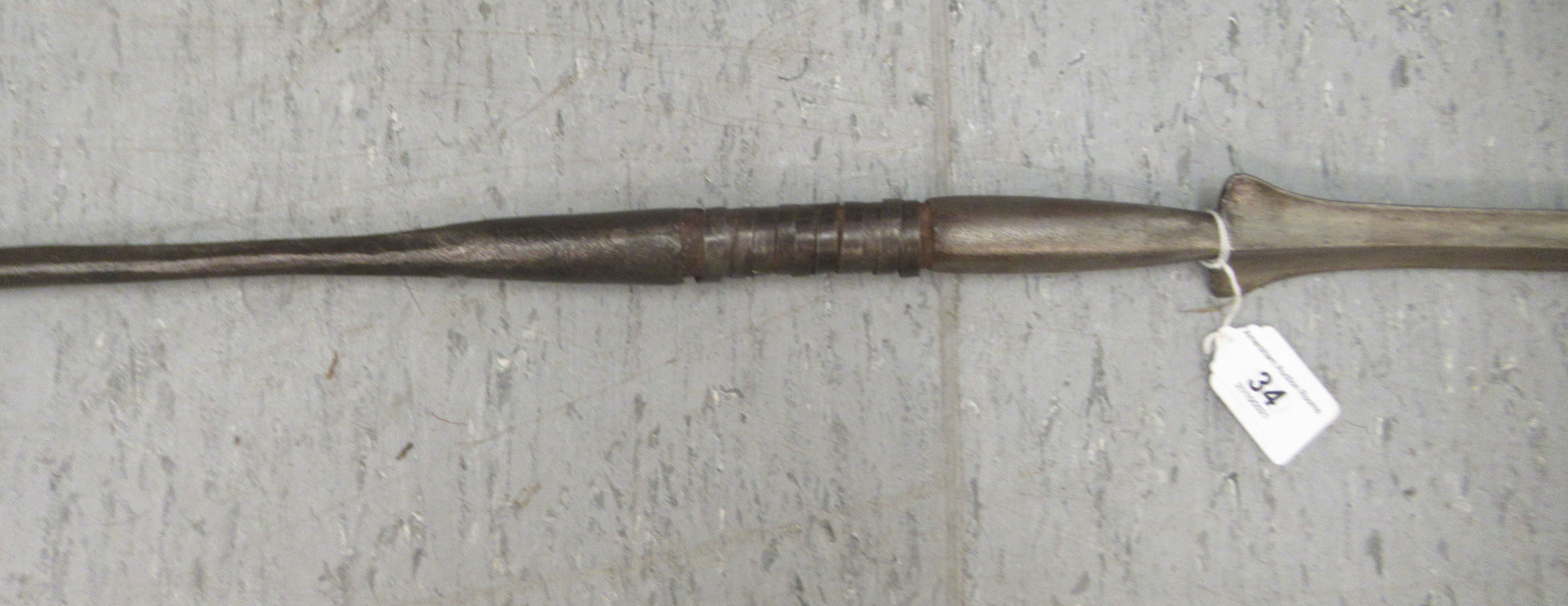 A 20thC African double end spear, the shaft wrapped with a spiral metal ringlet  92'L - Image 3 of 3