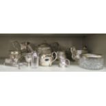 Silver plated items: to include a three piece tea set  comprising a teapot, sugar basin and milk