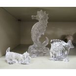 Three Waterford Crystal ornaments, viz. a seahorse  5"h; a Scottie dog  1"h; and a fish  2"h