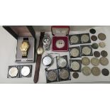 Coins and watches: to include a gold plated stainless steel cased Seiko Automatic; and various