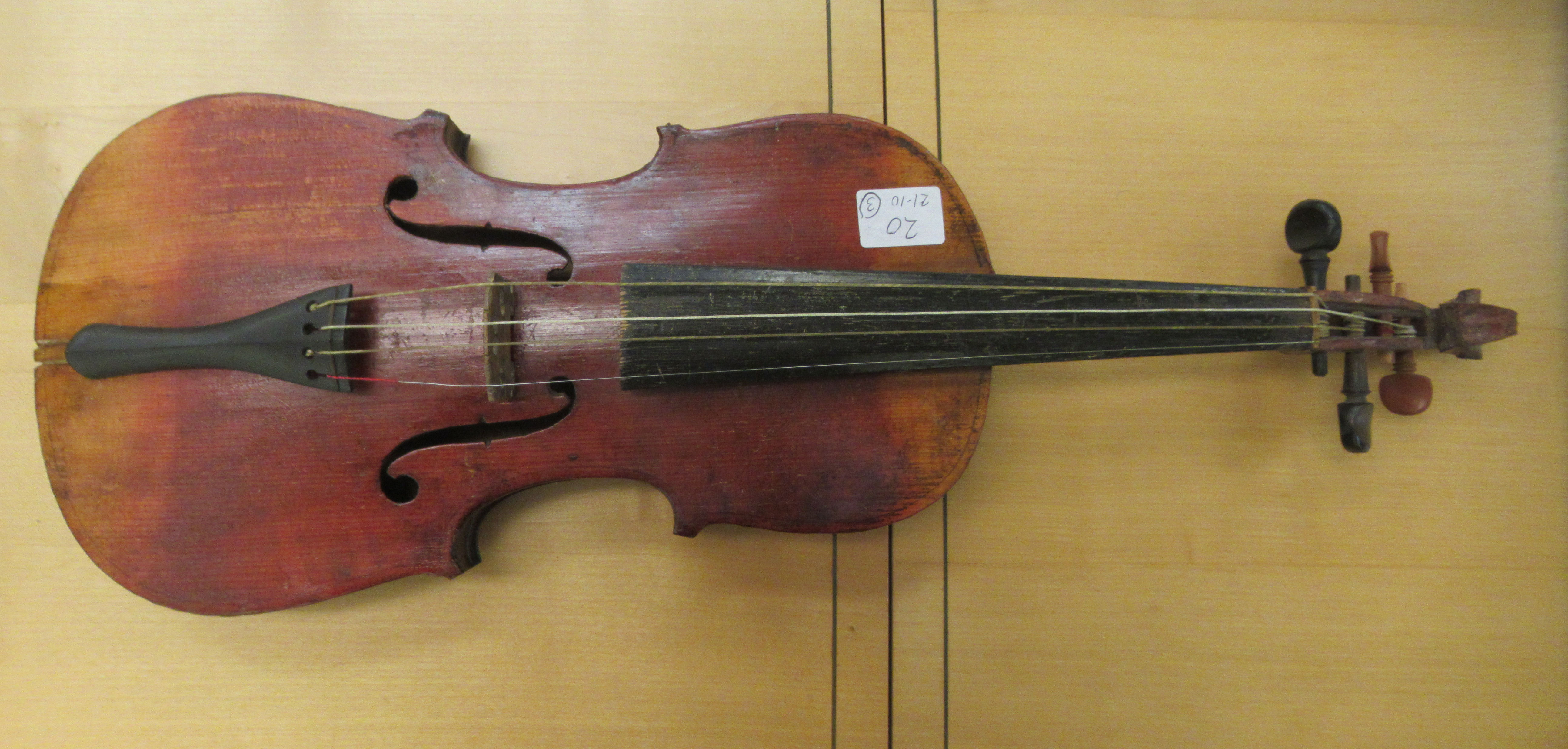Three 19th/20thC violins, one with a one piece back  14"L; the others with two piece backs  13" - Image 2 of 16