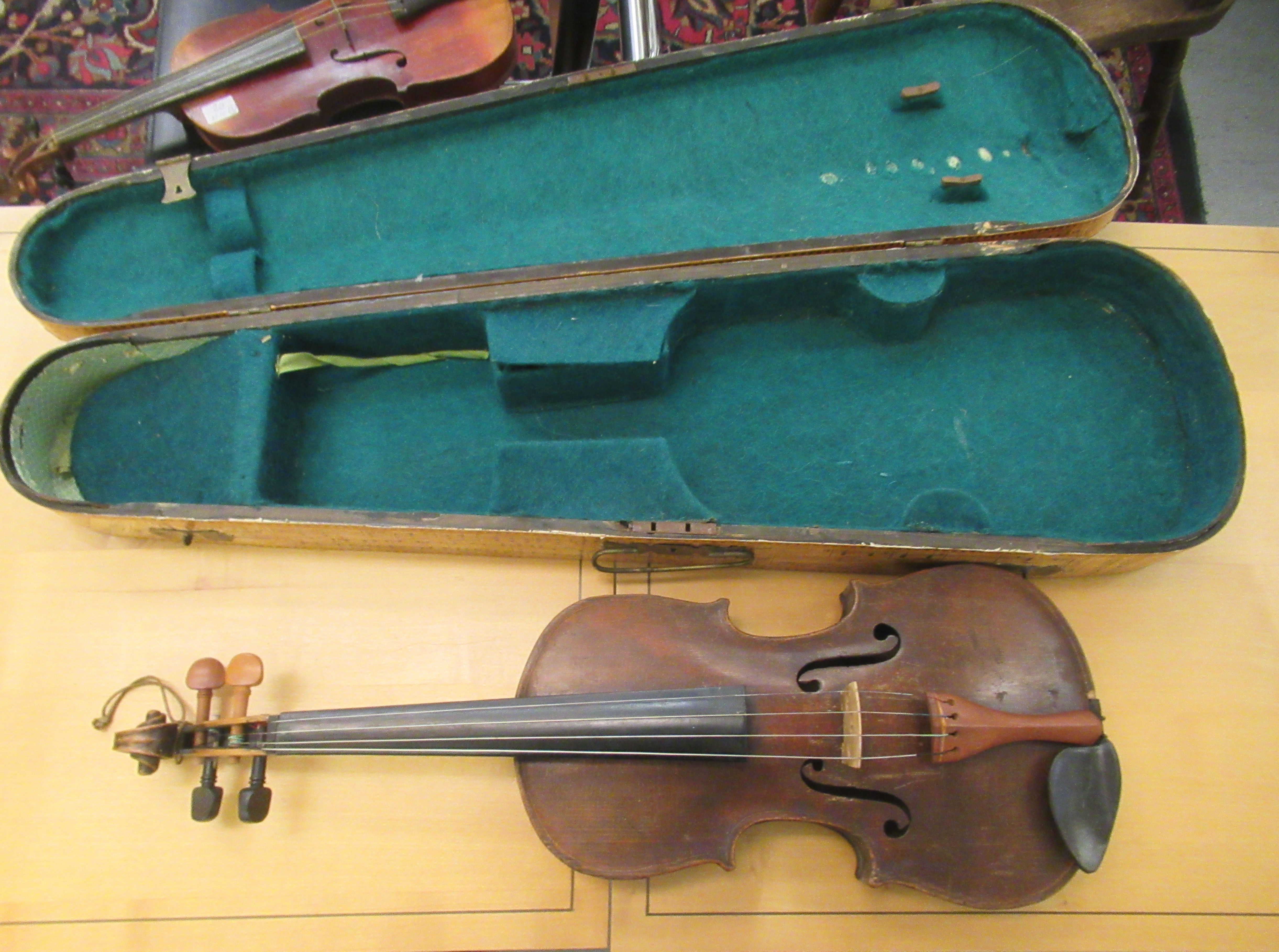 Three 19th/20thC violins, one with a one piece back  14"L; the others with two piece backs  13" - Image 6 of 16