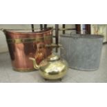 A late Victorian riveted copper and brass oval coal bucket with an iron swing handle  12"h; and a