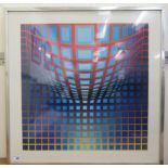 A modern abstract print of coloured squares  19"sq  framed
