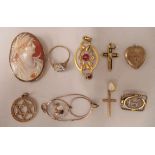 Gold/gold coloured metal items of personal ornament: to include pendants and a shell carved cameo