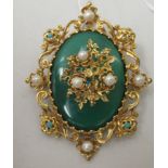 A 9ct gold pendant, decorated with a green stone tablet, turquoise and simulated pearls