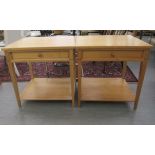 A pair of modern Morphius of Tetbury satin birch finished and ebony inlaid lamp tables, each with