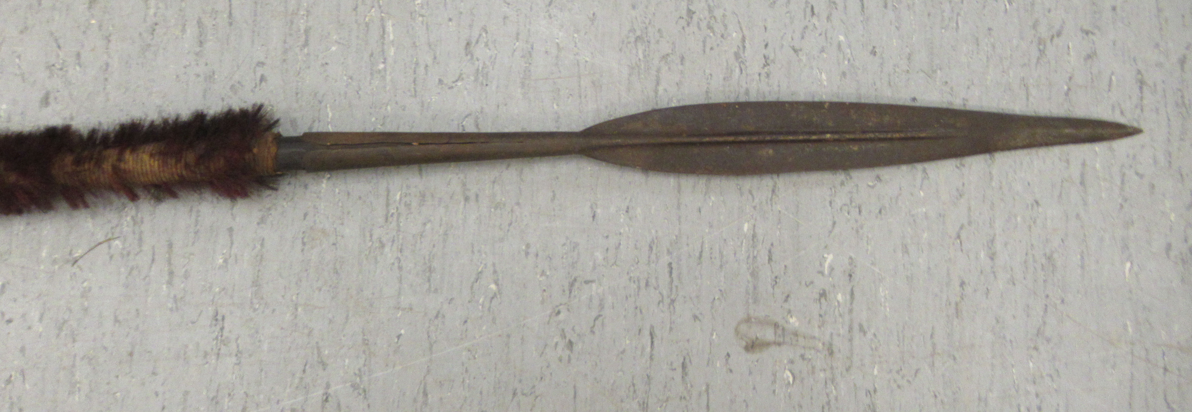 A late 19thC African Maasai spear with a leaf blade and a hair wrapped shaft  86"L - Image 2 of 3