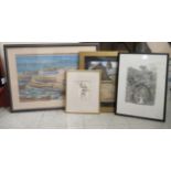 Four framed pictures: to include a study of a cat on a backyard wall  watercolour  bears an