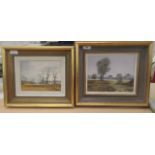 Gerald Hughes - 'Trees on the common' and 'Cottage across the field'  oil on board  bearing