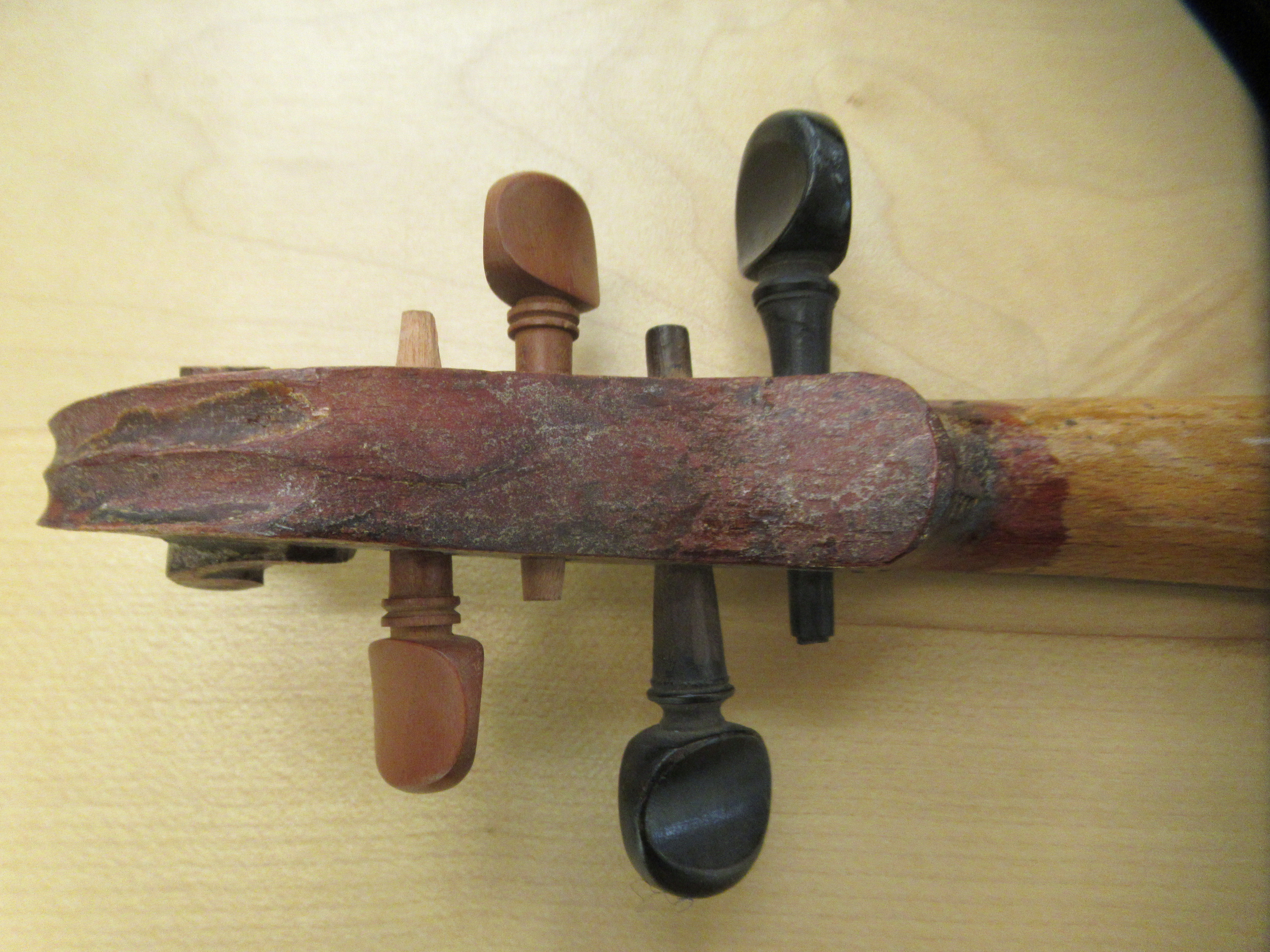 Three 19th/20thC violins, one with a one piece back  14"L; the others with two piece backs  13" - Image 4 of 16