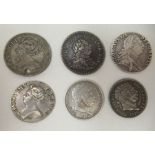 Two Queen Anne silver shillings; and four George III silver coins