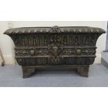 A mid 20thC gilded cast iron box planter with maskhead and other ornament  14"h  24"w