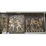 Three 20thC painted plaster 3D plaques, decorated with tavern scenes  largest 21" x 27"