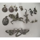 Silver and marcasite jewellery: to include butterfly, lizard and Pegasus brooches