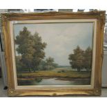 P Wilson - a pastoral scene with cattle by a river  oil on canvas  bears a signature  19" x 23"